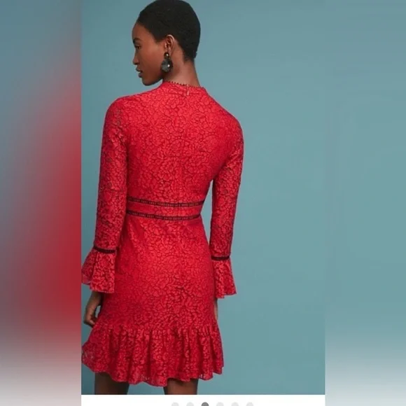 Shoshanna Romantic Red Lace Long Sleeve Keyhole Dress NWT Anthropologie - Picture 2 of 16
